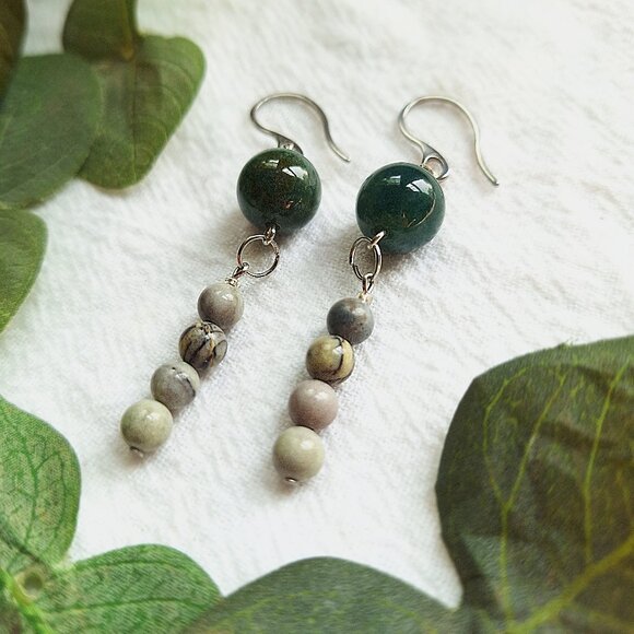 Dark Green Agate Jasper Silver Dangle Earrings Boho Chic Hippie Gifts Summer - Picture 3 of 7